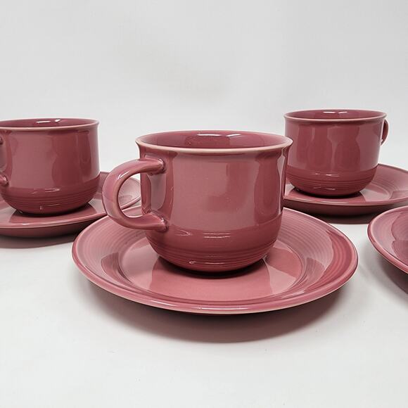 Nancy Calhoun Cup Saucer Set of 4 Solid Dark Rose Pink VTG Stoneware Japan EUC - Picture 2 of 10